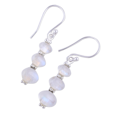 Rainbow moonstone dangle earrings, 'Natural Ellipses' - Rainbow Moonstone and 925 Silver Dangle Earrings from India
