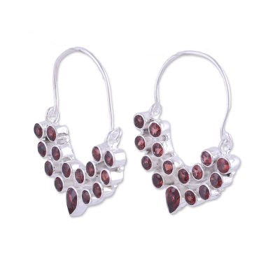 Garnet hoop earrings, 'Princess Radiance' - Garnet and Sterling Silver Hoop Earrings from India