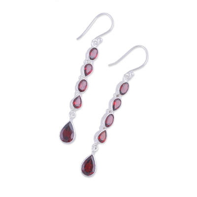 Garnet dangle earrings, 'Sparkling Rain' - Handcrafted Teardrop Garnet Dangle Earrings from India