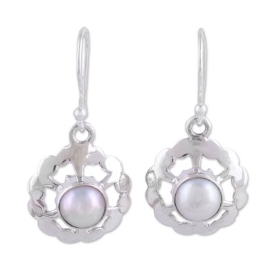 Cultured pearl dangle earrings, 'Lacy White' - Circular Cultured Pearl Dangle Earrings from India