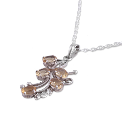 Citrine pendant necklace, 'Shimmering Blossoms' - Handcrafted Rhodium Plated Citrine Pendant Necklace