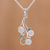 Moonstone and emerald pendant necklace, 'Misty Delight' - Rhodium Plated Moonstone and Emerald Pendant Necklace