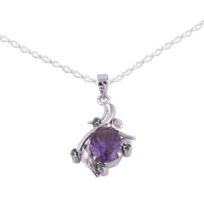 Rhodium plated amethyst and emerald pendant necklace, 'Harmony Vine' - Rhodium Plated Amethyst and Emerald Necklace from India