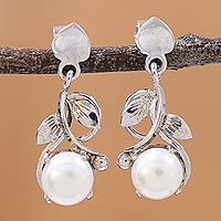 Rhodium plated cultured pearl dangle earrings, 'Purity Vines' - Rhodium Plated Cultured Pearl Dangle Earrings from India
