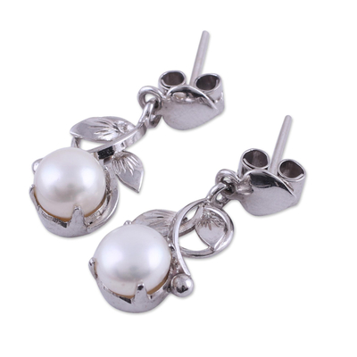 Rhodium plated cultured pearl dangle earrings, 'Purity Vines' - Rhodium Plated Cultured Pearl Dangle Earrings from India