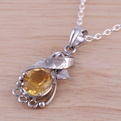 Rhodium plated citrine pendant necklace, 'Sunshine Vine' - Rhodium Plated Leafy Citrine Pendant Necklace from India