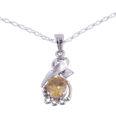 Rhodium plated citrine pendant necklace, 'Sunshine Vine' - Rhodium Plated Leafy Citrine Pendant Necklace from India