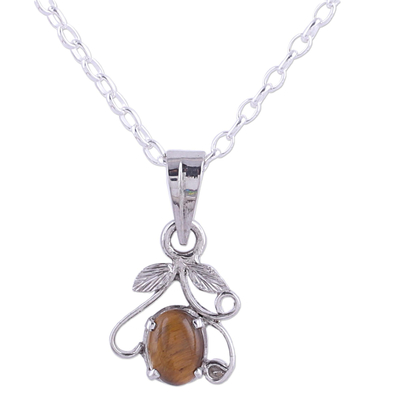 Tiger's eye pendant necklace, 'Blossom of Brown' - Rhodium Plated Tiger's Eye Pendant Necklace from India