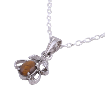Tiger's eye pendant necklace, 'Blossom of Brown' - Rhodium Plated Tiger's Eye Pendant Necklace from India
