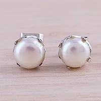 Cultured pearl stud earrings, 'Timeless Appeal'