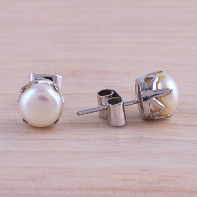 Cultured pearl stud earrings, 'Timeless Appeal' - Rhodium Plated Cultured Pearl Stud Earrings from India