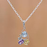 Multi-gemstone pendant necklace, 'Glowing Trio' - Multi Gemstone Pendant Necklace with Rhodium Plating