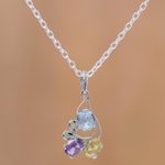 Multi-gemstone pendant necklace, 'Glowing Trio' - Multi Gemstone Pendant Necklace with Rhodium Plating