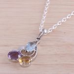 Multi-gemstone pendant necklace, 'Glowing Trio' - Multi Gemstone Pendant Necklace with Rhodium Plating