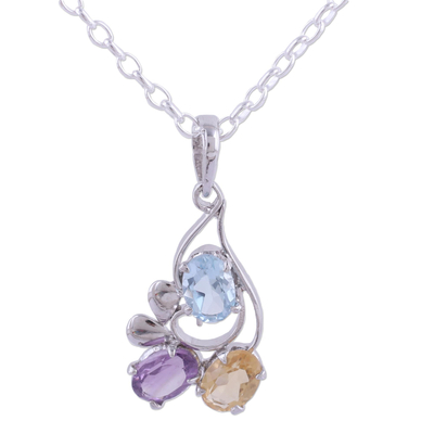 Multi-gemstone pendant necklace, 'Glowing Trio' - Multi Gemstone Pendant Necklace with Rhodium Plating