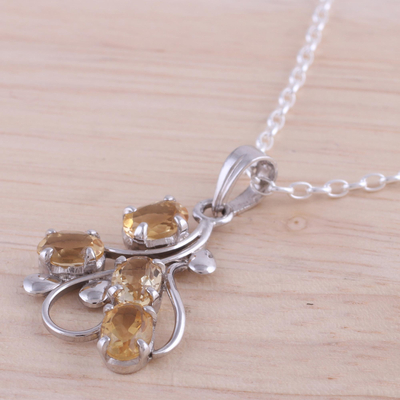 Citrine pendant necklace, 'Golden Cluster' - Rhodium Plated Sterling Silver Pendant Necklace with Citrine