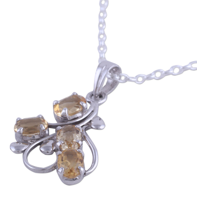 Citrine pendant necklace, 'Golden Cluster' - Rhodium Plated Sterling Silver Pendant Necklace with Citrine