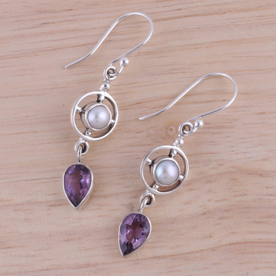 Amethyst and cultured pearl dangle earrings, 'Wheels of Wonder' - Amethyst and Cultured Pearl Dangle Earrings from India