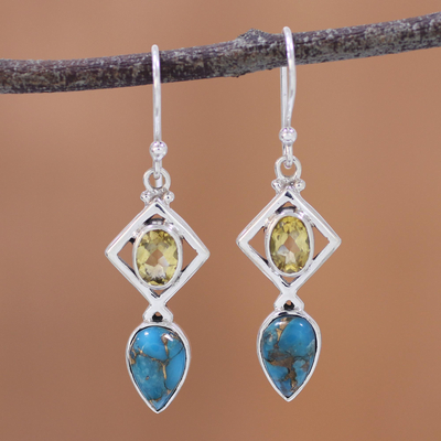 Citrine dangle earrings, 'Alluring Combination' - Citrine and Composite Turquoise Earrings from India