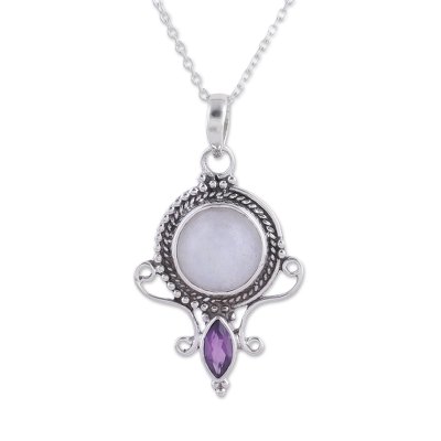 Rainbow Moonstone and Amethyst Pendant Necklace from India