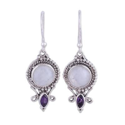 Rainbow Moonstone and Amethyst Dangle Earrings from India