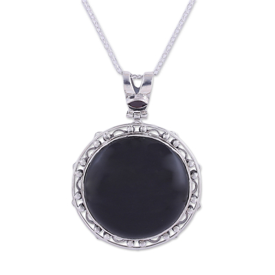 Onyx and garnet pendant necklace, 'Midnight Circle' - Onyx and Garnet Adjustable Pendant Necklace from India