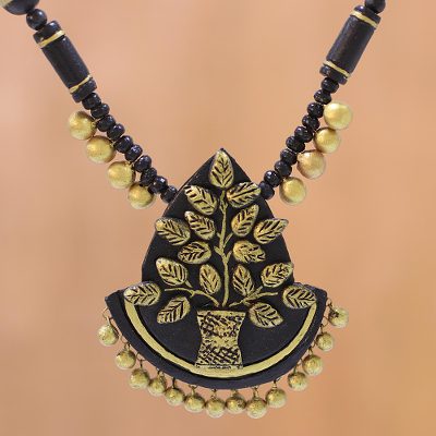 Ceramic pendant necklace, 'Tree of Wealth' - Tree-Themed Ceramic Pendant Necklace from India