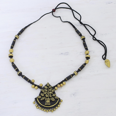 Ceramic pendant necklace, 'Tree of Wealth' - Tree-Themed Ceramic Pendant Necklace from India
