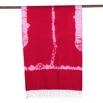 Tie-dyed silk and wool blend shawl, 'Strawberry Magic' - Tie-Dyed Silk and Wool Blend Shawl in Strawberry from India
