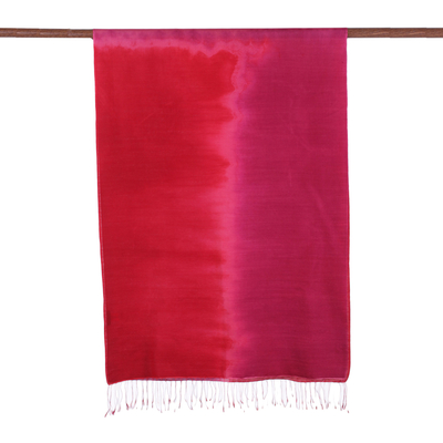 Tie-dyed silk and wool blend shawl, 'Blissful Fusion' - Tie-Dyed Silk and Wool Blend Shawl in Crimson and Berry