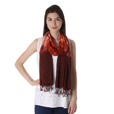 Tie-dyed silk shawl, 'Redwood Forest' - Tie-Dyed Fringed Cotton Shawl in Redwood from India