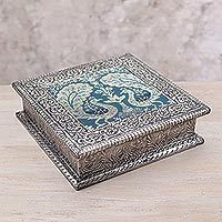 Nickel plated brass decorative box, 'Majestic Peacock' - Nickel Plated Brass Decorative Box with Peacocks from India