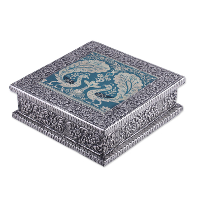Nickel plated brass decorative box, 'Majestic Peacock' - Nickel Plated Brass Decorative Box with Peacocks from India