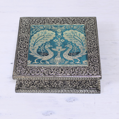 Nickel plated brass decorative box, 'Majestic Peacock' - Nickel Plated Brass Decorative Box with Peacocks from India