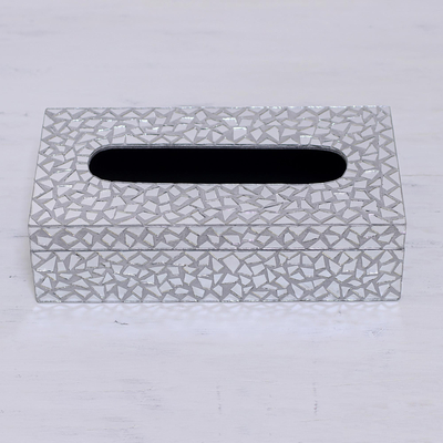 Glass mosaic tissue box cover, 'Reflective Perfection' - Glass Mosaic Reflective Tissue Box Cover from India