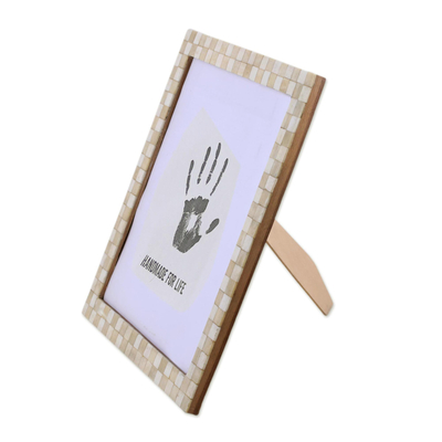 Bone photo frame, 'Beige Checkers' (10x10) - 10x10 Handcrafted Square Bone Photo Frame from India