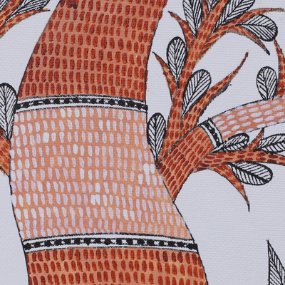 Gond painting, 'Abode of Birds' - Tree of Life with Birds Signed Freehand Indian Gond Painting