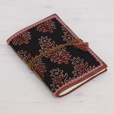 Leather accent cotton journal, 'Onyx Garden' - Floral Leather Accent Cotton Journal in Onyx from India