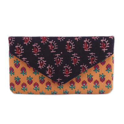 Floral Cotton Clutch in Saffron and Jade from India