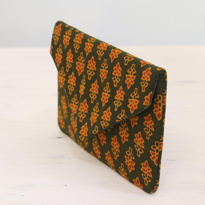 Cotton clutch, 'Floral Shower' - Printed Floral Cotton Clutch in Forest Green from India
