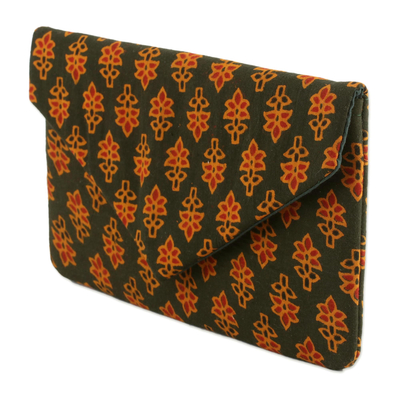 Cotton clutch, 'Floral Shower' - Printed Floral Cotton Clutch in Forest Green from India