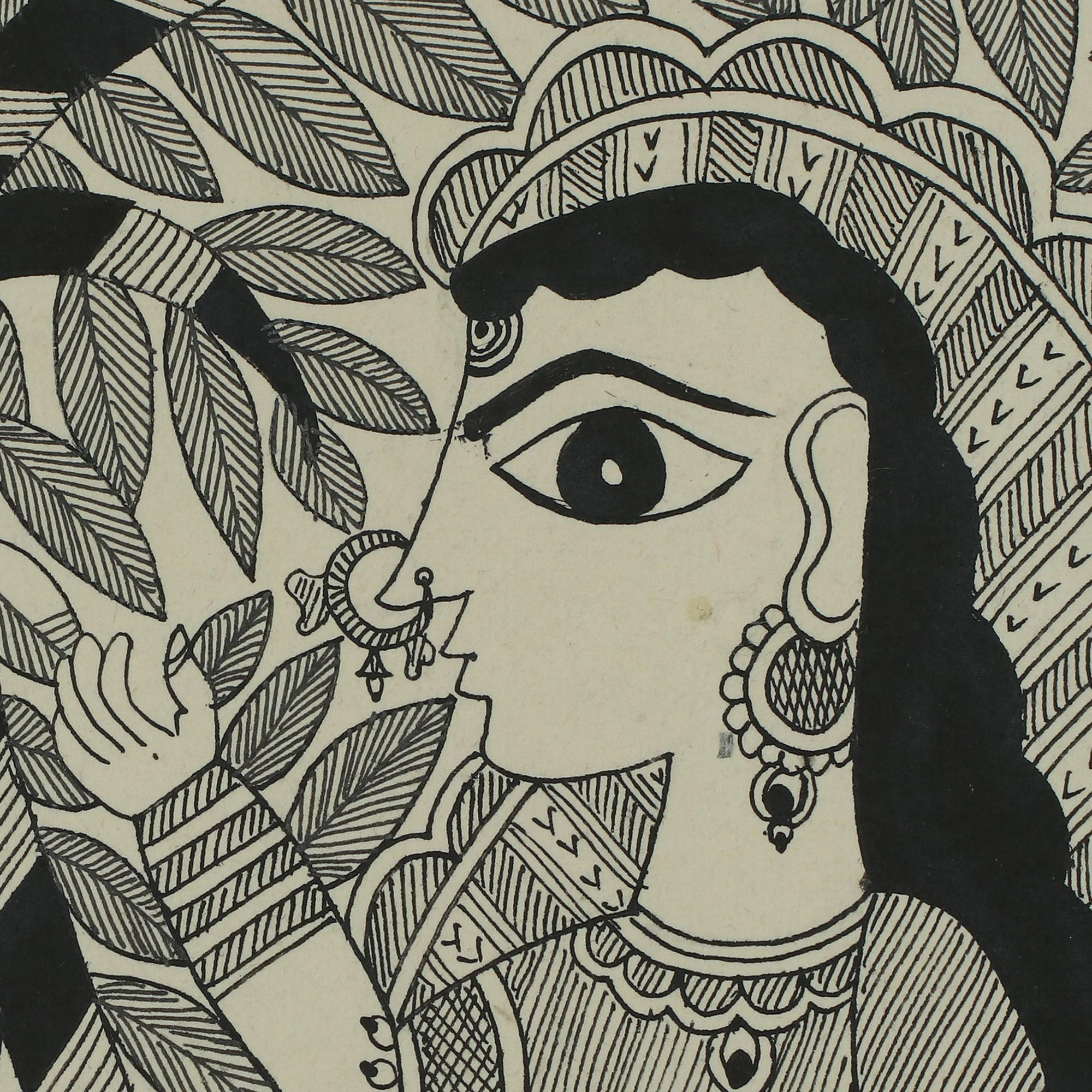 Black and White Madhubani Painting of Krishna and Radha - Krishna's ...