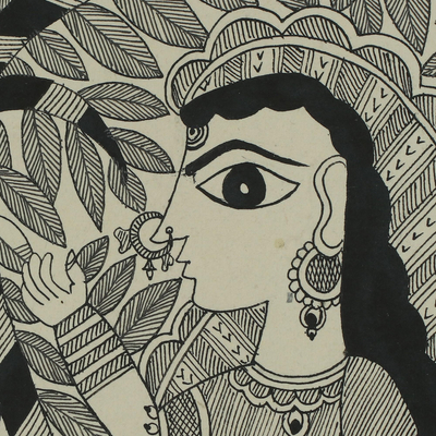 Madhubani painting, 'Krishna's Song II' - Black and White Madhubani Painting of Krishna and Radha