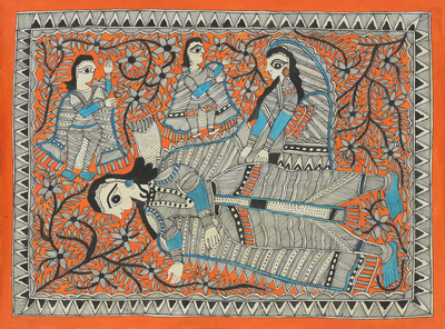 Ramayana Theme Signed India Madhubani Folk Art Painting