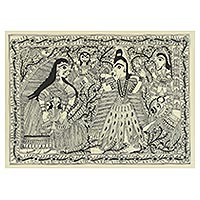 Madhubani painting, 'Shiva’s Dance' - Flower Border Hindu Theme Madhubani Folk Art Painting