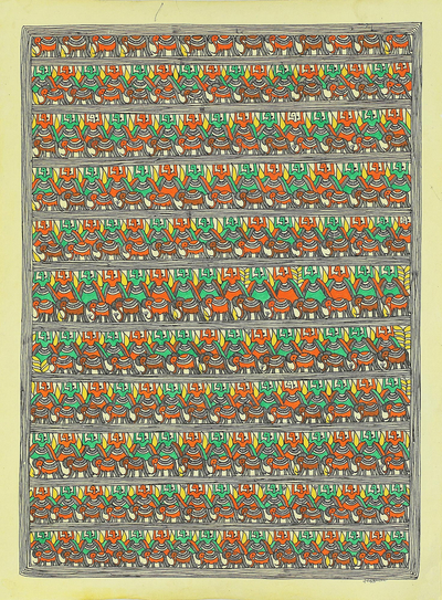 Madhubani painting, 'Mithila Royal Procession' - India Madhubani Painting of Royal Guards and Elephants