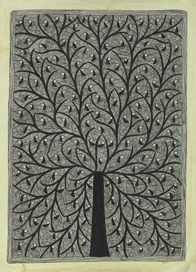 Madhubani-Gemälde, „Vögel im Baum des Lebens“. - Schwarz-weißes Madhubani-Gemälde vom Baum des Lebens