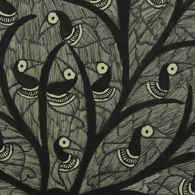 Madhubani painting, 'Birds in the Tree of Life' - Black and White Madhubani Painting of the Tree of Life