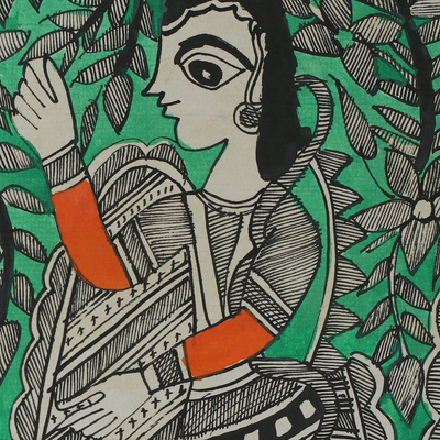 pintura madhubani - Pintura Madhubani a mano alzada firmada de Rama y Sita