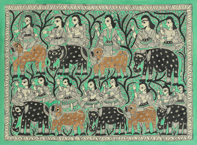 Madhubani painting, 'Victory Celebrations' - Ramayana Theme Signed Madhubani Folk Art Painting